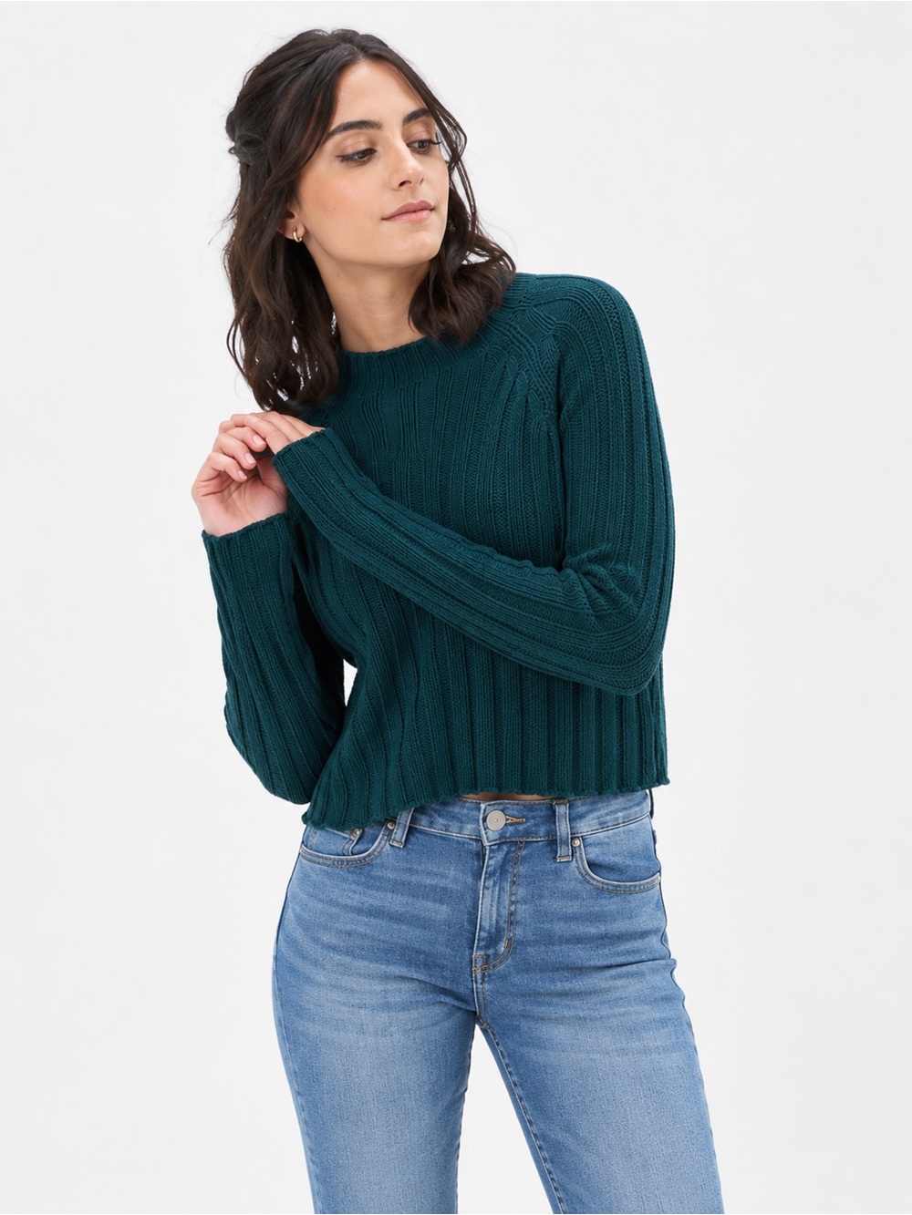 American Eagle Ribbed Chenille Mock Neck Cropped Sweater Forest Green Teal Sz XS